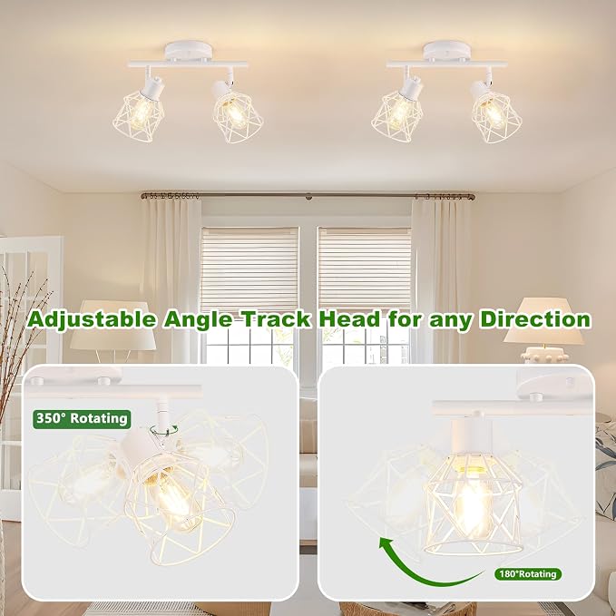 Baocuz 2-Lights White Kitchen Track Lighting, Adjustable Multi-Directional Ceiling Light Fixtures, Rotatable Farmhouse Light Fixtures Mount with Metal Cage for Dining Room, Living Room, Bedroom