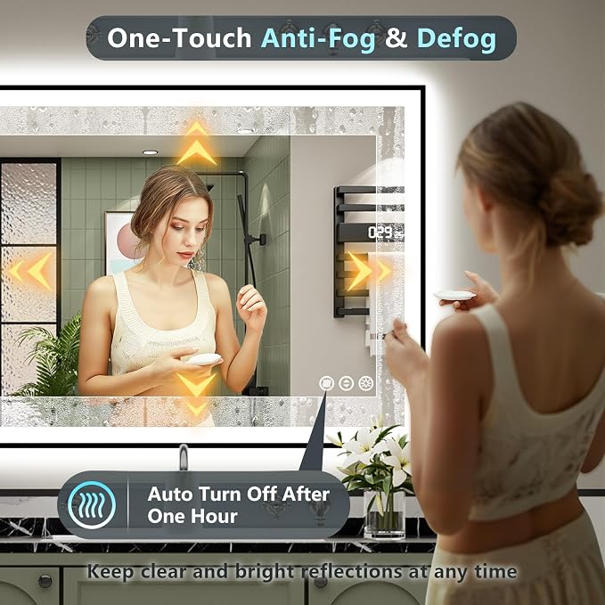 44x36 Black LED Bathroom Mirror, Backlit & Front Lit Lighted Mirror | Metal Framed Anti-Fog Vanity Mirror with Lights, 3 Color Dimmable, Memory, Tempered Glass, CRI95, IP54, Horizontal/Vertical