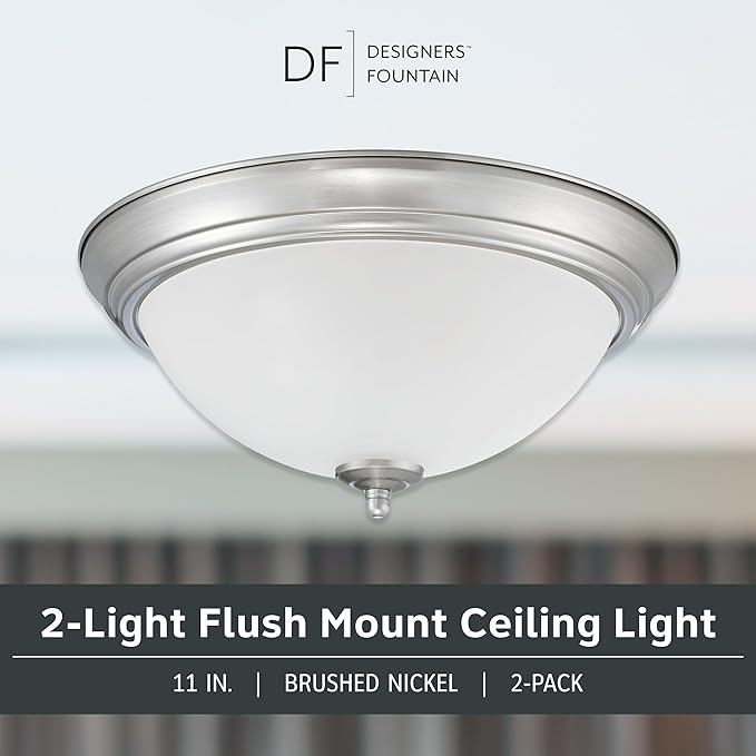 Designers Fountain Flush Mount Ceiling Light, 11 Inch Frosted Glass Lighting Fixture for Kitchen, Bedroom, Bathroom, and Hallway, LED Bulbs Not Included, Brushed Nickel