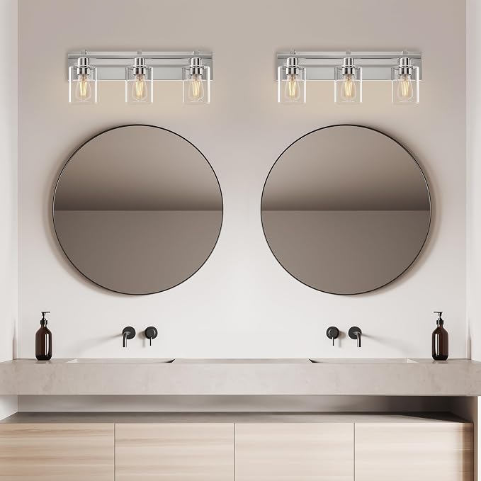 3-Light 21inch Brushed Nickel Vanity Light, Thickened Clear Glass | Over Mirror for Bathroom, Rust Resistant, E26 Base, Easy Install, Removable Glass Shade Horizontal Mount, Dimmable