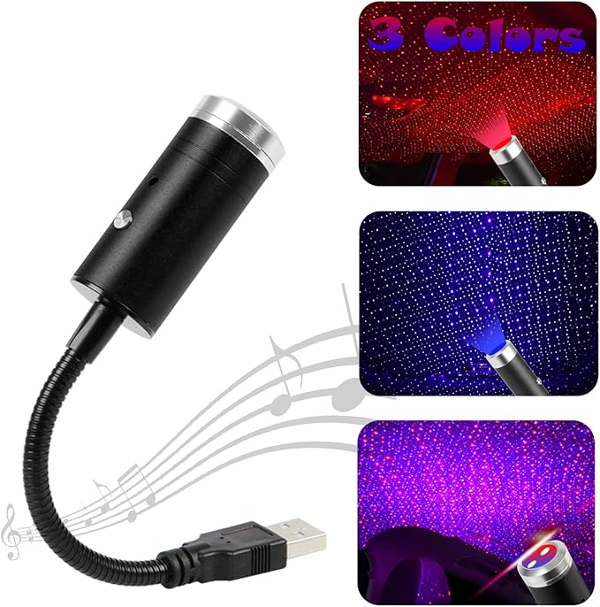 USB Star Light Sound Activated, 3 Colors + 9 Functional Modes, Aevdor Car Ceiling Interior Light, Romantic USB Night Light Decorations for Home Car Room Party Ceiling,Plug and Play (Red&Blue)