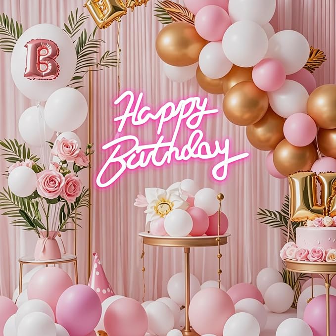FARNY Happy Birthday Neon Sign for Wall Decor, LED Happy Birthday Light Up Sign Pink, Dimmable LED Birthday Neon Light for Birthday Party Decorations Backdrop,16.5"x 12"