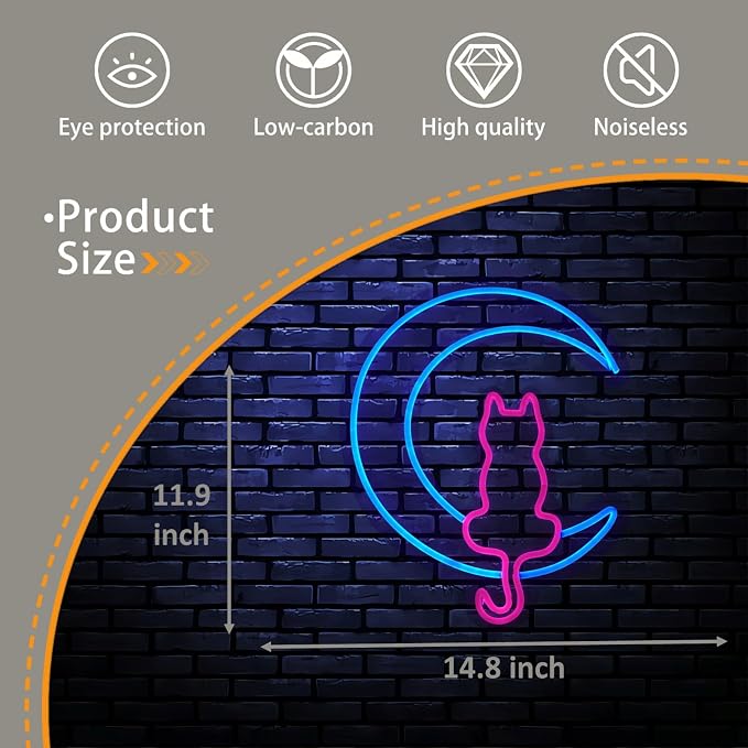 Moon Cat Neon Signs for Wall Decor, White Blue LED Light Sign for Preppy Room Decor Light Up Sign for Party Decoration