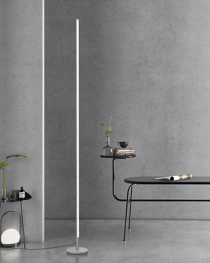 Minimalist Corner Floor Lamp - 2700K-6500K Dimmable LED Light | Modern Standing Mood Lamp with Remote Control for Living Room, Bedroom - 57" - 12W - Silver - 1Pack