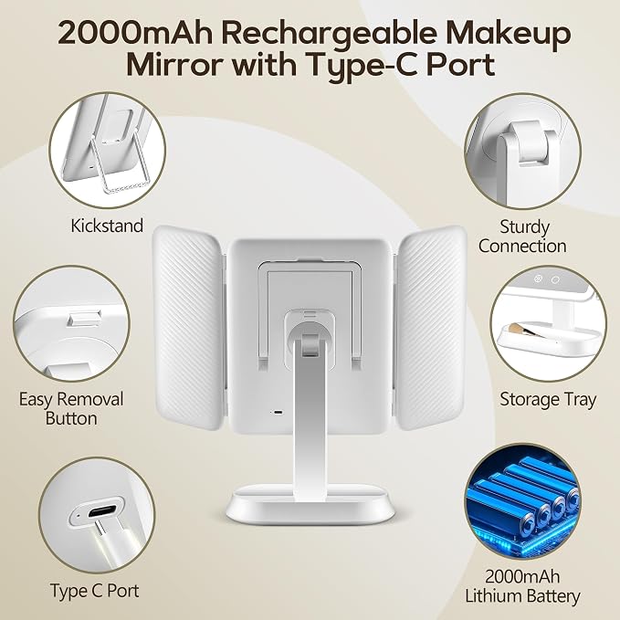 Makeup Mirror with Lights and 30X/10X/5X Magnification, Vanity Mirror with 3 Color Lights, Rechargeable, Detachable, Lighted Makeup Mirror with Magnification, Trifold Mirror, Gifts for Women