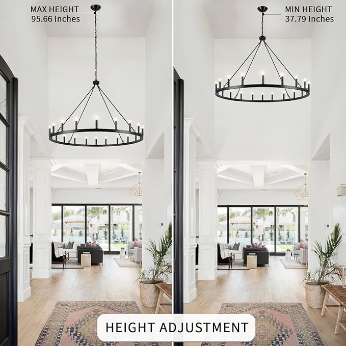 LASENCHOO Black Wagon Wheel Chandelier 20 Lights Dia 48" Farmhouse Chandeliers for Dining Room Light Fixture, Round Rustic Chandelier for Entryway Living Room, Large Chandeliers for High Ceilings