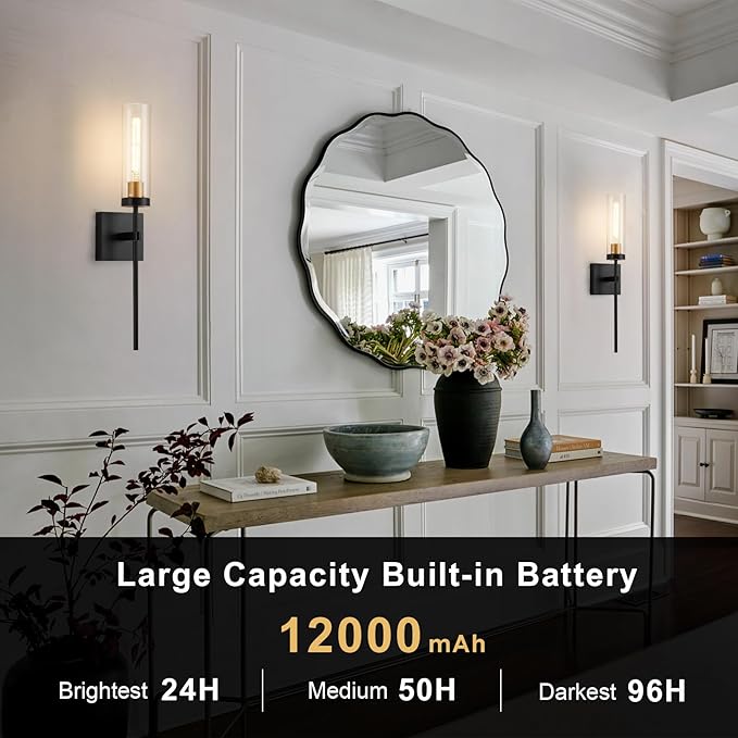 Battery Operated Wall Sconce Set of 2, Black & Gold Wireless Sconces Wall Decor, Rechargeable Wall Lights for Bedroom Living Room Entryway Bathroom Hallway Stairwell