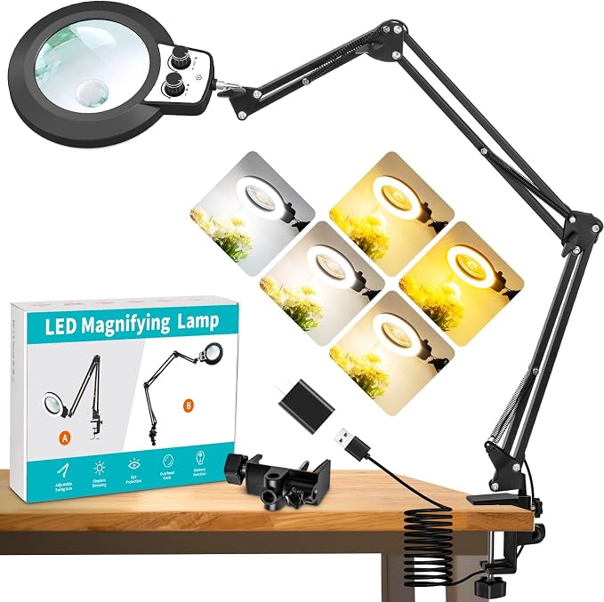 Magnifying Glass with Light, Overhead Knob Magnifier Lamp 12X 30X | 35in Adjustable Arm For Craft Repair Sewing Workbench Close Work, LED Magnifying Light Real Glass Stepless Dimming and Color