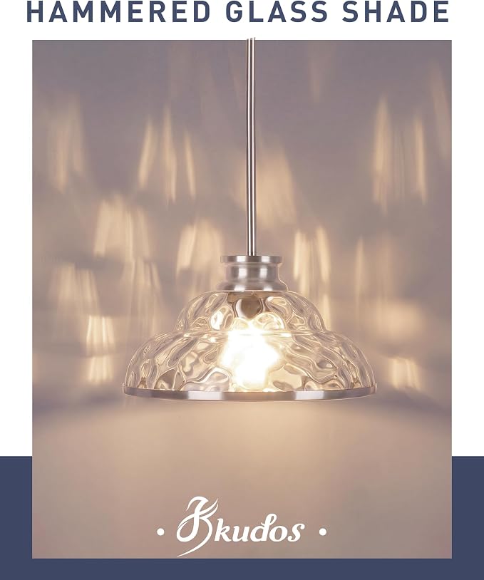 kudos 11 Inch Brushed Nickel Pendant Lights with Hammered Glass,KDPL14-BN-H | E26 Bulb Base, Hardwired, Farmhouse Styling, Adjustable Hanging Rods for Flat or Sloped Ceilings, for Kitchen Bars