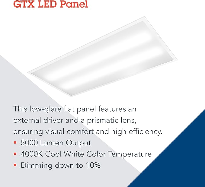 Lithonia Lighting GTX 2x4 LED Flat Panel Light, 2 ft. x 4 ft. LED Light Panel, Ceiling Lighting Fixture for Shop Lighting, Back Lit, 5000 Lumens, 4000K Cool White, A12 Prismatic Lens, White