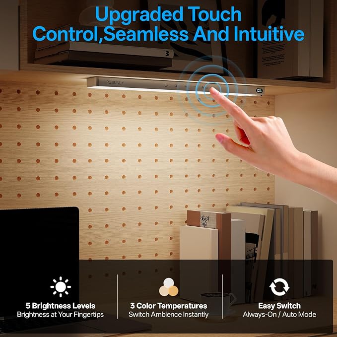 5-Pack Under Cabinet Lighting Wireless Motion Sensor Light Indoor | 14.2inch Rechargeable,3Color Dimmable,Power Display,LED Closet Light Magnetic with Remote,Under Counter Lights for Kitchen