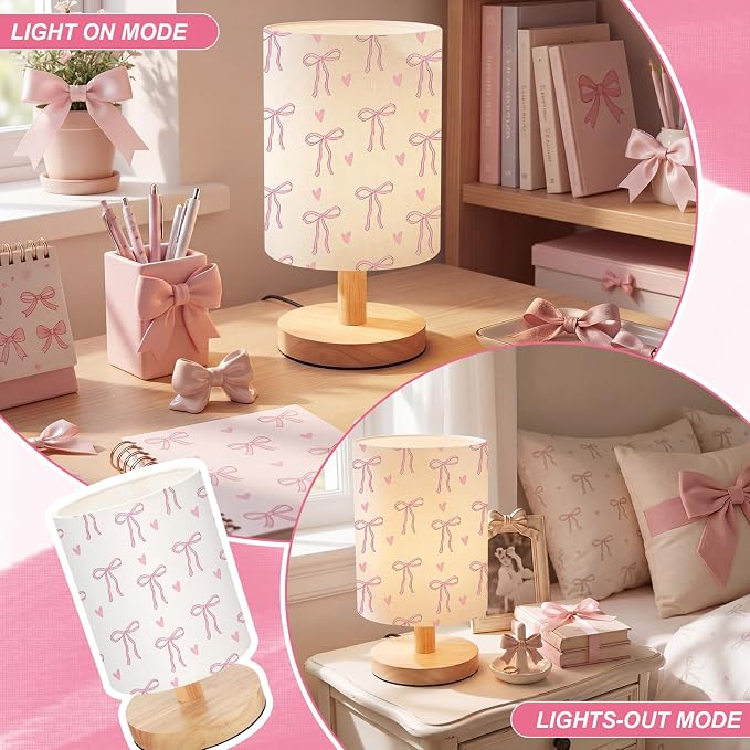 Pink Bow Kids Table Lamp for Bedroom Kids Bedside Lamp with Linen Wooden Nightstand Cartoon Nursery Lampshade for Girls Boys Living Room