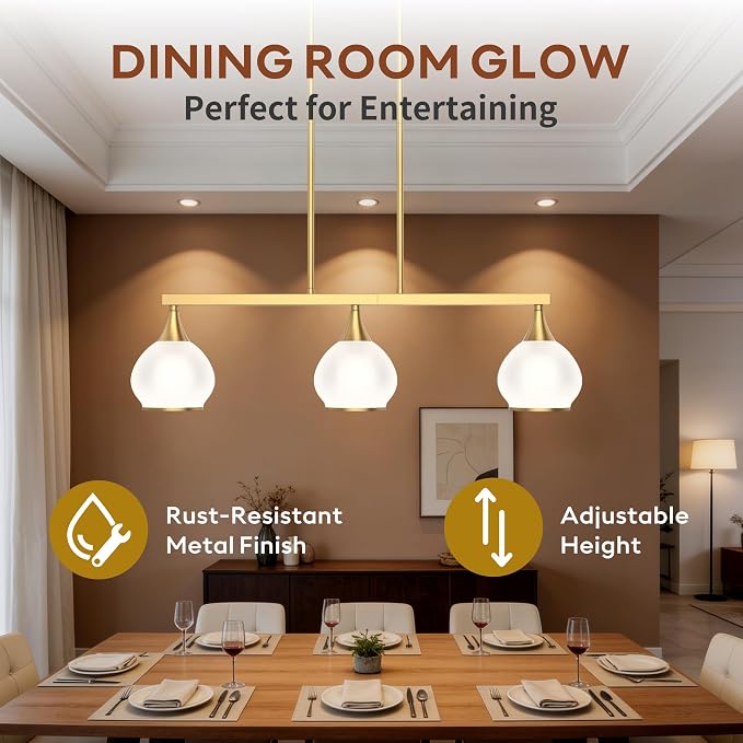 Kitchen Island Linear Pendant Light, 3-Light Gold Dining Room Chandelier with White Glass Globe Shades, Modern Linear Lighting Fixture Over Table