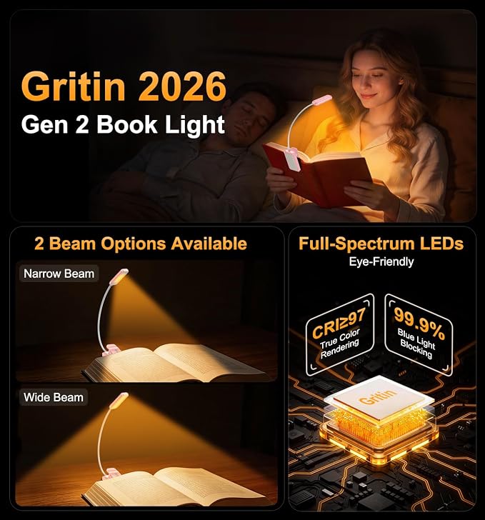 Gritin 2026 Gen 2 Book Light for Reading- 30 Eye Caring Full Spectrum LED | 5 Colors & 5 Brightness, Adjustable Wide/Narrow Beam, Upgrade 1500mAh Long-Lasting Rechargeable Clip on Light-Pink
