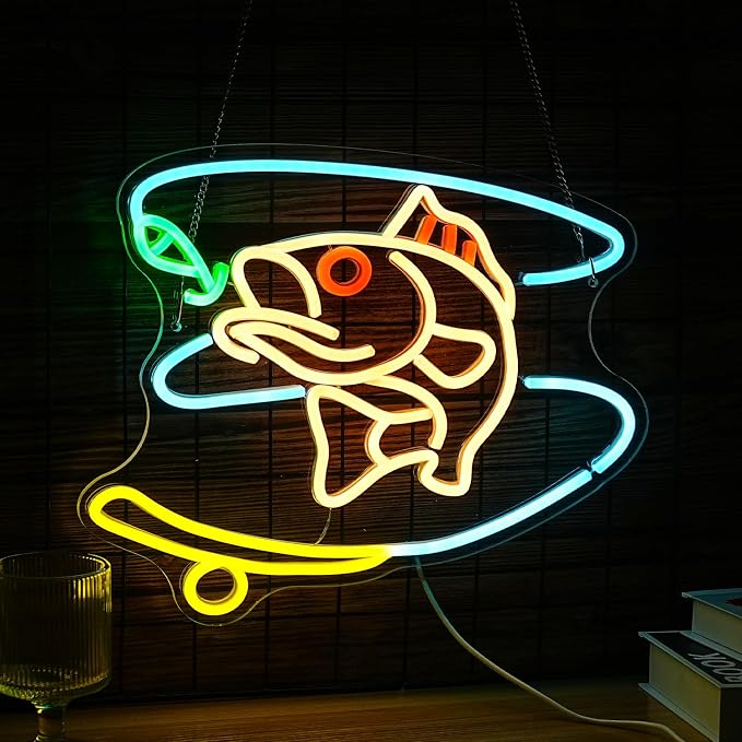 GNVETZLL Fishing Neon Sign Dimmable Fish Neon Light for Wall Decor LED USB Powered Fishing Hook Lights for Fishing Gear Store Yacht Man Cave Living Room Boys Gifts(Multicolor 15.7‘’*12.4‘’）