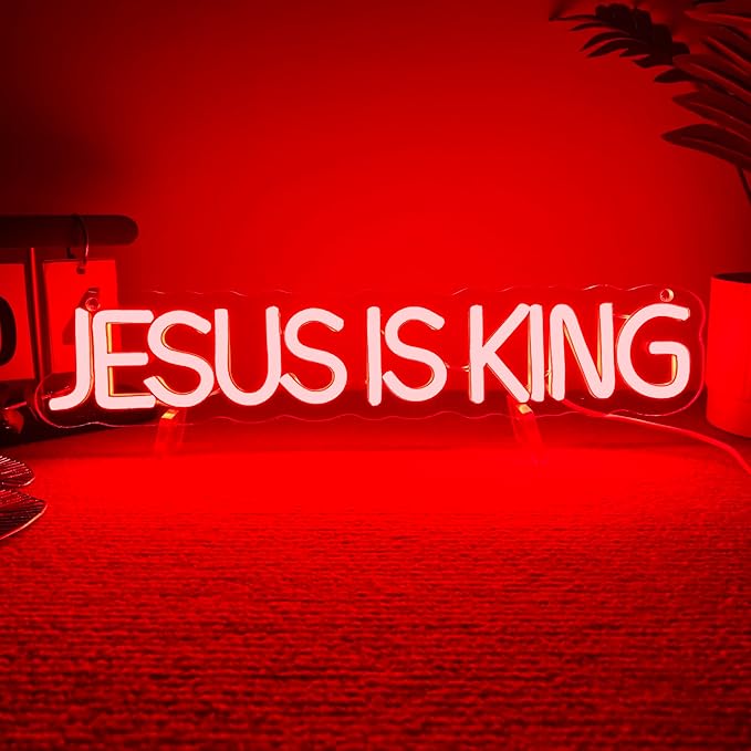 Mutank Jesus is King Neon Sign, Christian Neon Light USB Powered Dimmable LED, for Easter Church Religious Bible Verse Church God Christian Faith Based Sign Inspirational Christian Gifts(15.7*3.1 In)