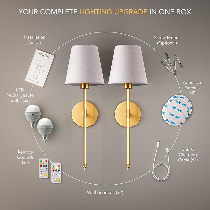 Set of 2 Wireless Wall Sconces – Stick-On or Screw Mount - Rechargeable LED Bulbs, Remote Controlled, Adjustable Brightness & Warmth, Easy Installation, Living Room Wall Decor (Gold)