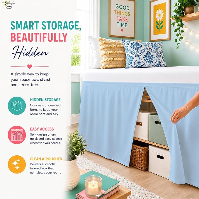 Cottington Lane Tailored Box Pleated College Dorm Bed Skirt Twin XL, Hotel Quality Premium Brushed Microfiber Extra Long Bedskirt Twin XL 32 Inch Drop, Light Blue Dorm Bedding