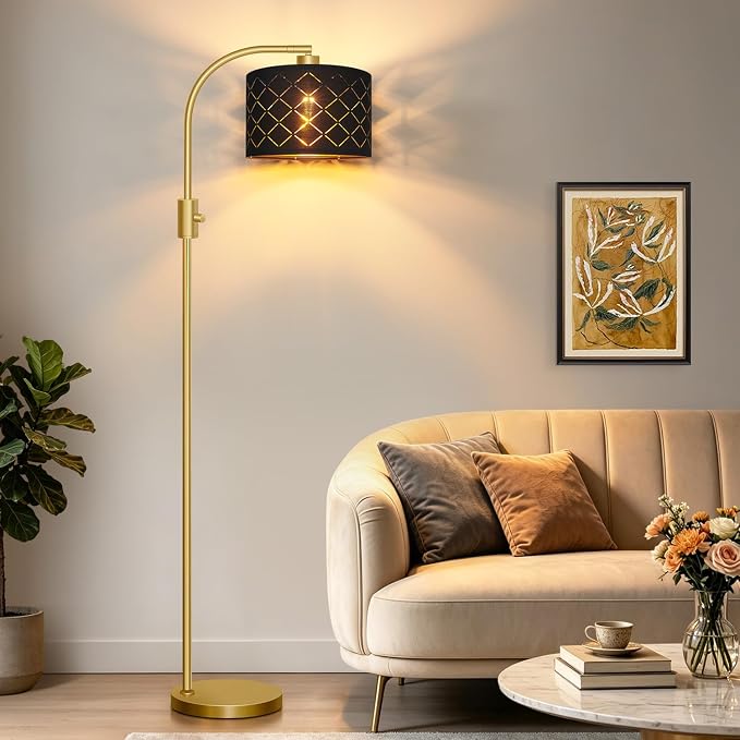 Nintiue Dimmable Floor Lamp, 1200 Lumens LED Edison Bulb Included, Arc Gold Floor Lamps for Living Room Modern Standing Lamp with Black Grid Shade