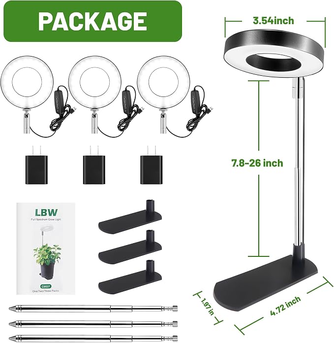 LBW Grow Lights for Indoor Plants, Full Spectrum Halo Grow Light with Base | 48 LEDs Grow Lamp for Small Plants, Base/Soil Stake, 7.8-26" Adjustable, 6/8/12/16H Timer, 3 Color Mode, 5 Brightness, 3 pack