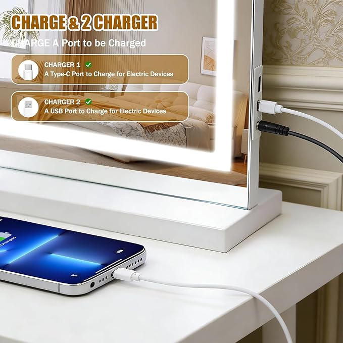 Vanity Mirror with Lights 23"x19", LED Makeup Mirror, 3 Color Lighting Modes, 10X Magnification, Smart Touch Control, Dimmable, Aluminum Metal Frame, Lighted Up for Vanity Desk (White)