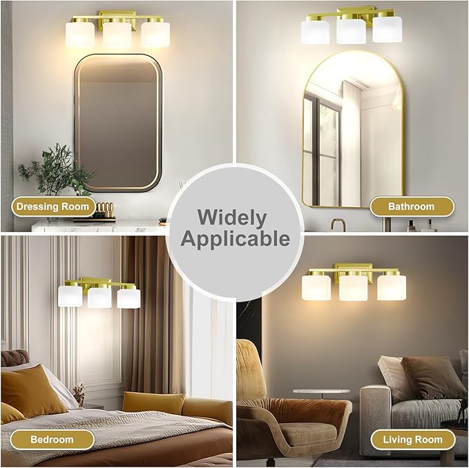 3-Light Bathroom Light Fixtures - Gold Bathroom Vanity Lights with Glass Shade Modern Bathroom Lighting Fixtures Over Mirror - Wall Sconce Lamps for Bedroom,Living Room,Hallway