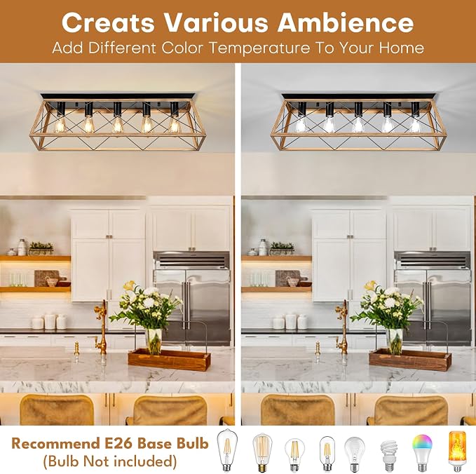 31.5" Flush Mount Ceiling Light Fixture, 5-Light Vintage Industrial Cage Chandelier for Dining Room, Kitchen Island, Living Room, Dimmable Semi Flush Mount Close to Ceiling Lighting, Walnut Finish