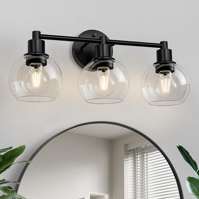 3 Lights Bathroom Vanity Light Fixtures Black, Bathroom Lights Over Mirror, Industrial and Farmhouse 3 Lights Wall Sconce, Matte Black Globe Vanity Lighting Fixtures
