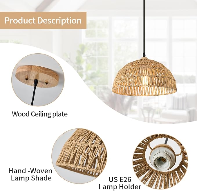 13 Inch Rattan Pendant Lights Farmhouse Boho Chandelier Light Fixture Rustic Wicker Hand Woven Pendant Hanging Light for Dining Room Kitchen Bedroom Foyer Hallway