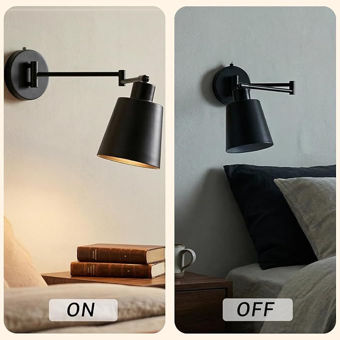 OSYNNIQ Wall Sconce Light with Adjustable Swing Arm for Bedside Reading | Wall Lamp, Modern, Industrial, Lighting Fixture, Black, Hardwired, for Bedroom/Living Room/Indoor, LED E26 Bulb Included