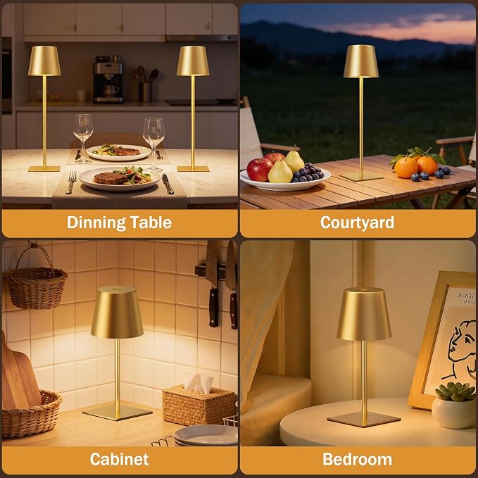 Kakanuo Gold Cordless Rechargeable Table Lamp, 4 Pack Portable Desk Lamp with 5000mAh Battery, Touch Control Stepless Dimming, Wireless Night Light for Dining, Outdoor Camping, Coffee Shop