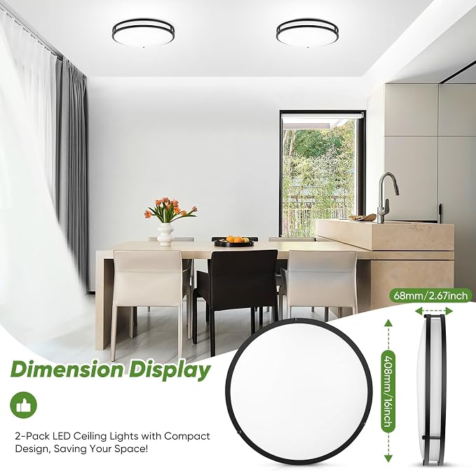 50W 5600lm Bright LED Ceiling Lights Matte Black, 16Inch Large Flush Mount Ceiling Light Fixture with 5 Color Temperatures, Dimmable Modern Kitchen Light Fixture Ceiling for Living Room Bedroom 2-Pack