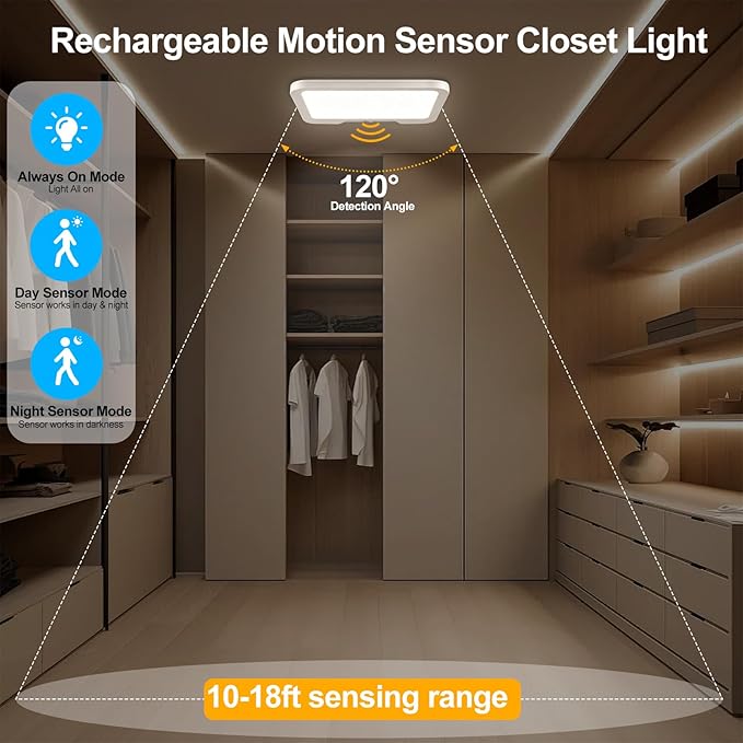 Rechargeable Motion Sensor Ceiling Light Wireless Closet Light with Remote | 3 Color Dimmable Magnetic Ceiling Lights for Pantry Shed Hallway Porch Garage Stairs