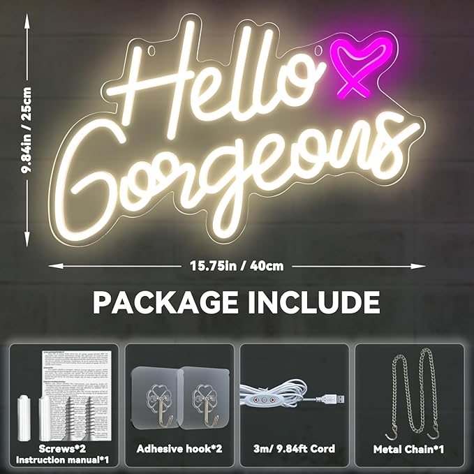 Hello Gorgeous Neon Signs Hello Beautiful LED Neon Lights Dimmable LED Light Sign for Home Wedding Birthday Backdrop Bacelorette Party Decoration, Warm white