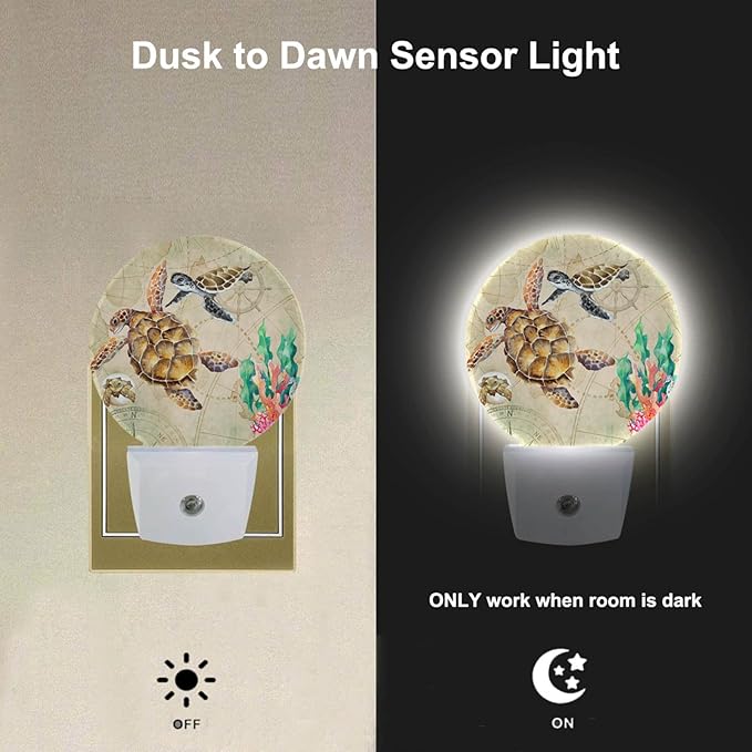 EKOBLA Nautical Coastal Night Light Sea Turtle Ocean Map Seaweed Coral Starfish Plug-in Nightlights Auto LED Lamp Energy Saving Round Lights for Boys Girls Men Women