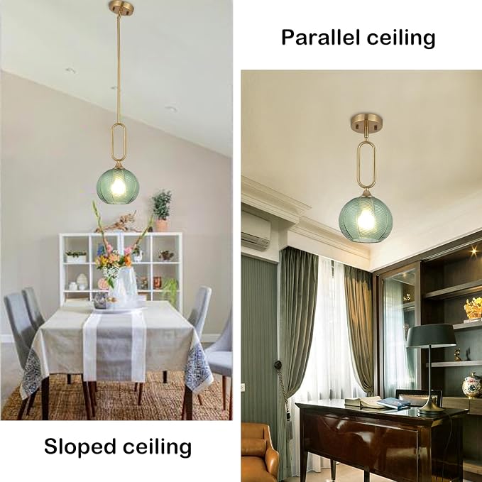 Green Glass Pendant Light Set of 2 Modern Globe Pendant Lighting Nordic Ribbed Gold Ceiling Hanging Chandelier with Brushed Brass Adjustable Rods Dining Room Kitchen Island Light Fixture