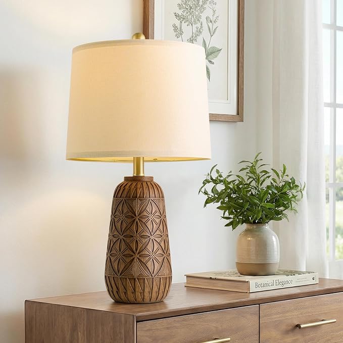 BOBOMOMO 24" Modern Farmhouse Table Lamp, Geometric Hand-Carved Resin Bedside Lamp with Wood Grain Finish, Rustic Nightstand Lamp for Bedroom & Living Room, Cottage Decor, Rotary Switch