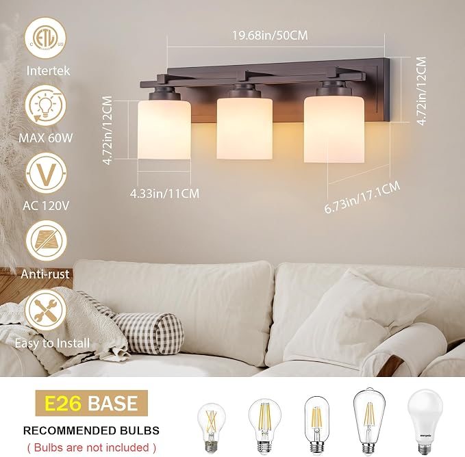 Modern Bathroom Light Fixtures Over Mirror, Vanity Lights for Bathroom Wall Sconces with Milky White Glass Shades, E26 Socket (Bulbs Not Included), 3 Light, Oil Rubbed Bronze