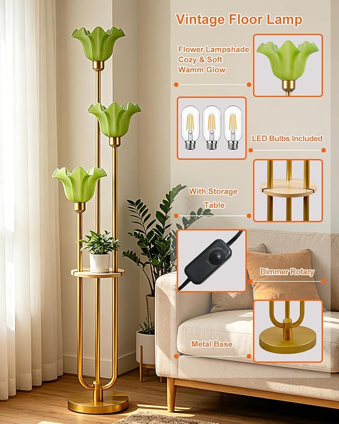 Green Flower Floor Lamp for Living Room, Mid Century Modern Floor Lamp Dimmable with Shelf & LED Bulbs, 3 Light Warmwhite Gold Tall Standing Lamp for Bedroom Girls Room Home Decor