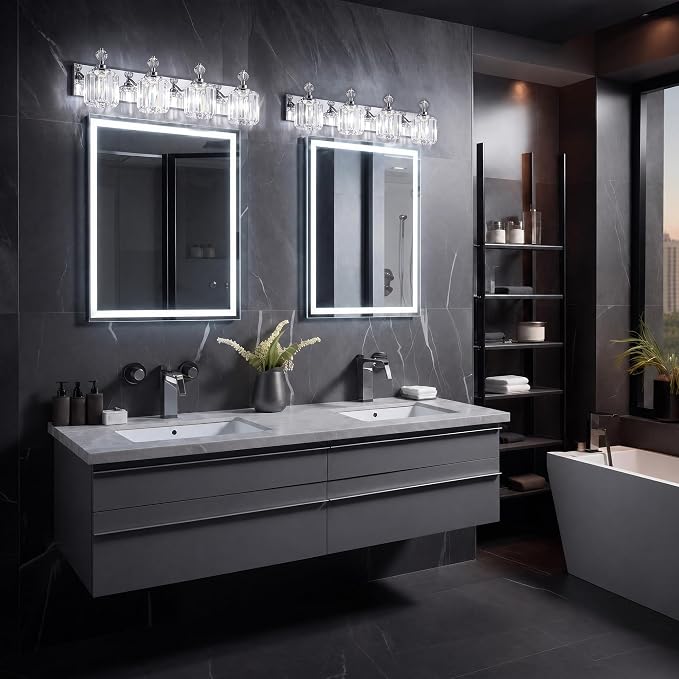 Chrome Light Fixtures, 4 Light Bathroom Vanity Light with 42pcs Crystal Sheet, 30in Modern Vanity Light, Bathroom Lighting Fixtures Over Mirror