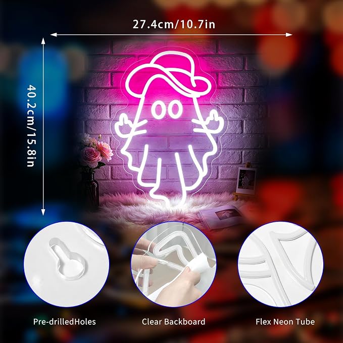 Neon Sign, Ghost Neon Signs for Wall Decor LED Signs Neon Light | Cowboy Ghost Neon Sign for Bedroom, Gaming Room, Kids Room, Party, Bar, Halloween Decor, Home Decor, Boys Gift, USB Powered