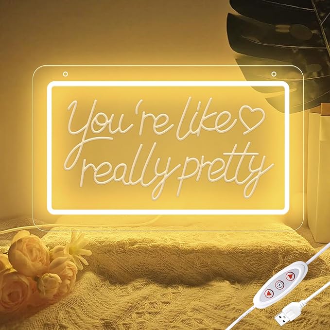 You’re Like Really Pretty Neon Sign – Warm White LED Neon Light Wall Decor, 3D Art Carving, Dimmable USB Powered Night Light for Bedroom, Aesthetic Wall Decor, Christmas & Birthday Gift