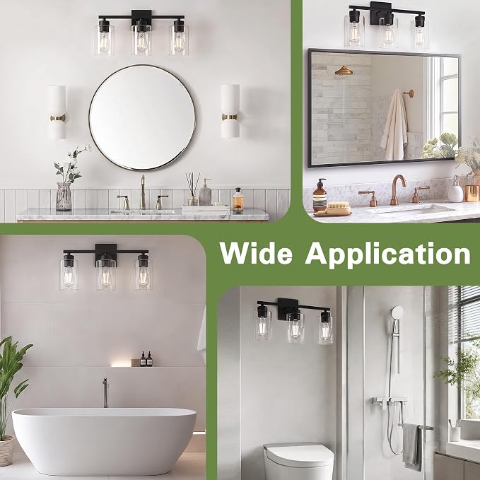 Matte Black Bathroom Vanity Light, 3-Light Vanity Lighting fixtures Over Mirror, Round Design & UL Certification, Wall Sconces with Clear Glass Shades, E26 Socket (Bulbs Not Included)