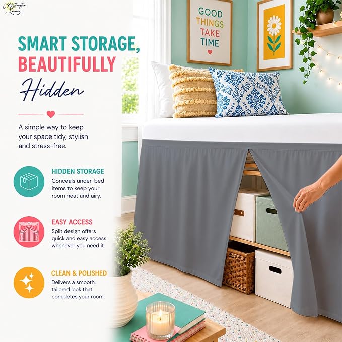 Cottington Lane Tailored Box Pleated College Dorm Bed Skirt Twin XL, Hotel Quality Premium Brushed Microfiber Extra Long Bedskirt Twin XL 34 Inch Drop, Dark Grey Dorm Bedding