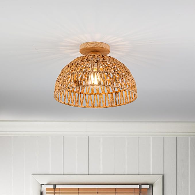 Boho Rattan Ceiling Light Fixtures Boho Lamp Shade Flush Mount Ceiling Light Hand-Woven Small Chandelier Wooden Base Chandelier Light for Hallway Bedroom Kitchen Nursery