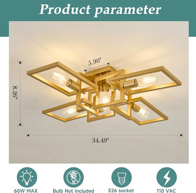 ZGLAOJT Semi Flush Mount Ceiling Light 5-Light Gold Kitchen Light Fixtures | Modern Large Matte Sputnik Chandelier for Dining Room Bedroom Farmhouse Living Room
