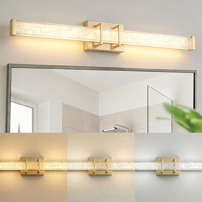URSOLA 36" Modern LED Bathroom Light Fixtures, Golden 3CCT Dimmable Bathroom Vanity Light Over Mirror, Bathroom Vanity Bath Bar Lights with Crystal Acrylic Shade