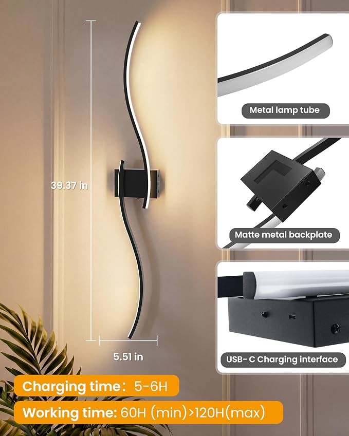 39.4 Inch Battery Operated Wall Sconce Set of 2, Black Modern Rechargeable Wall Lights with Remote, 3CCT Dimmable Wireless Wall Lamp for Living Room Bedroom Hallway