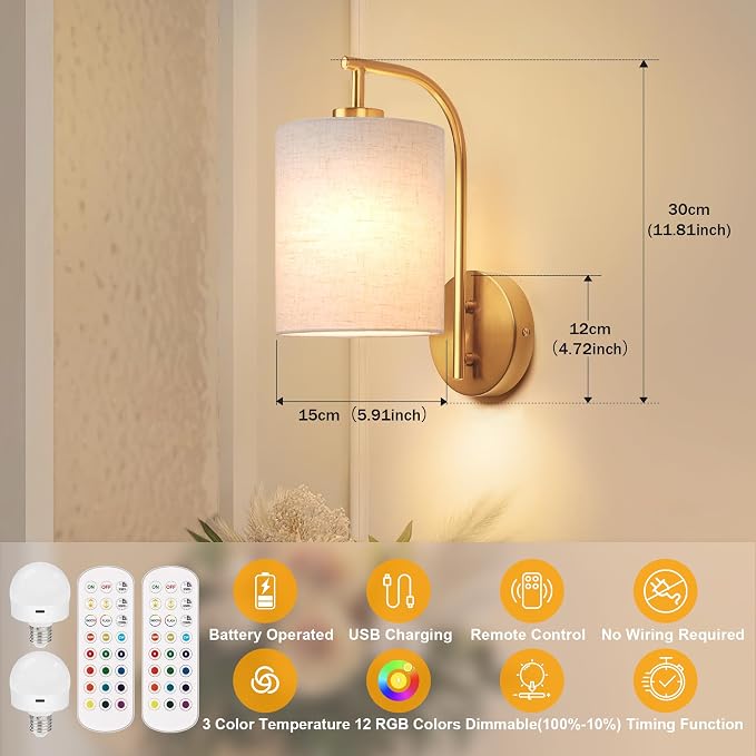 Battery Operated Wall Sconce Set of 2, Gold Wall Light Fixture | Rechargeable Wall Mount Light, Dimmbale Bulb & Remote, 12 RGB Colors & Timer, Wireless Wall Lamp Linen Shade, Bedroom Hallway