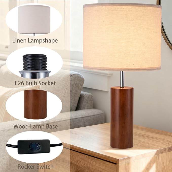 lapupu 23.5" Wood Table Lamps Set of 2 for Living Room, Vintage Farmhouse Bedside Lamps for Bedroom, Large Round Desk Lamps for End Table Nightstand, Walnut Wood